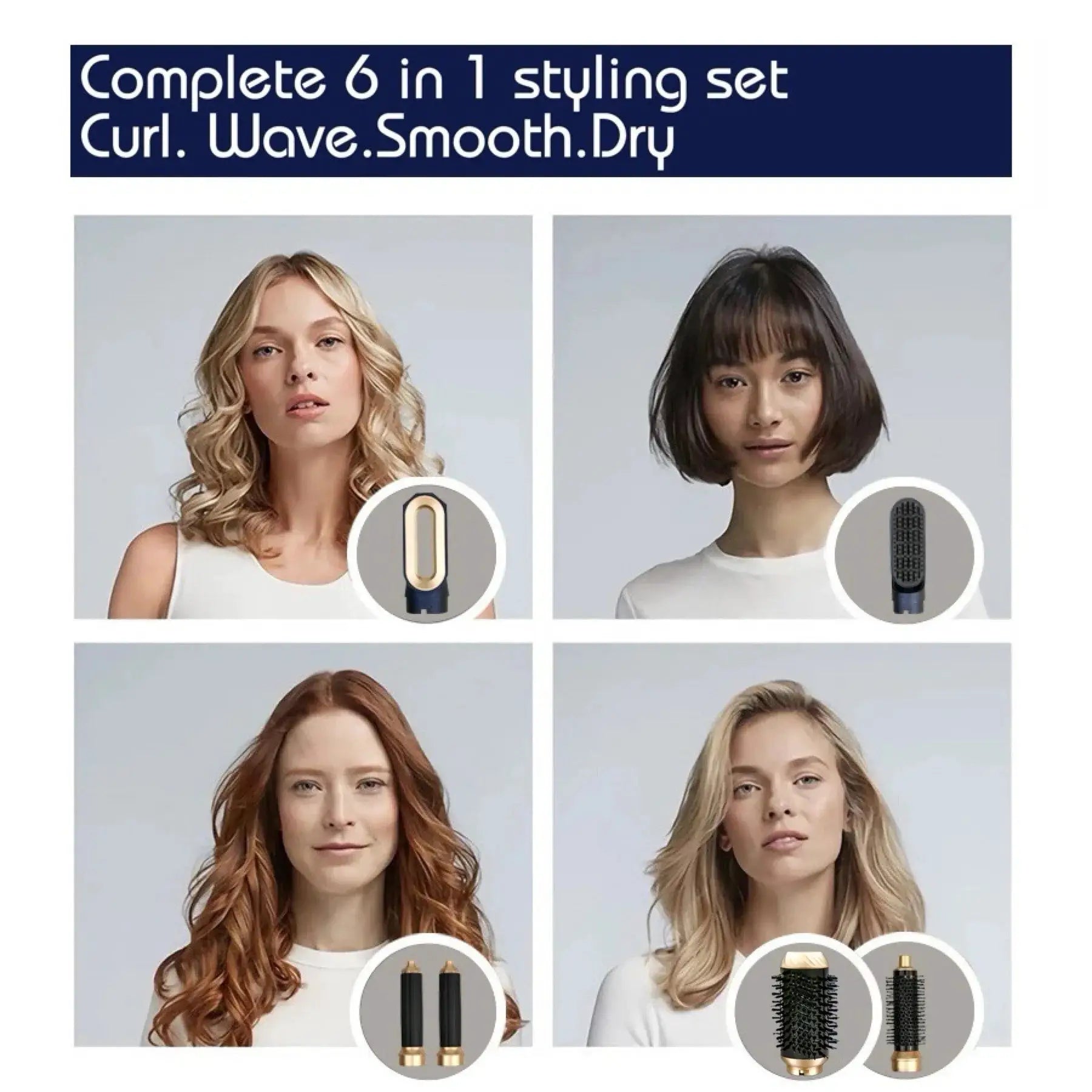 Simples Market 6-in-1 hair dryer multi-styler with six attachments including brush, curling iron and straightener