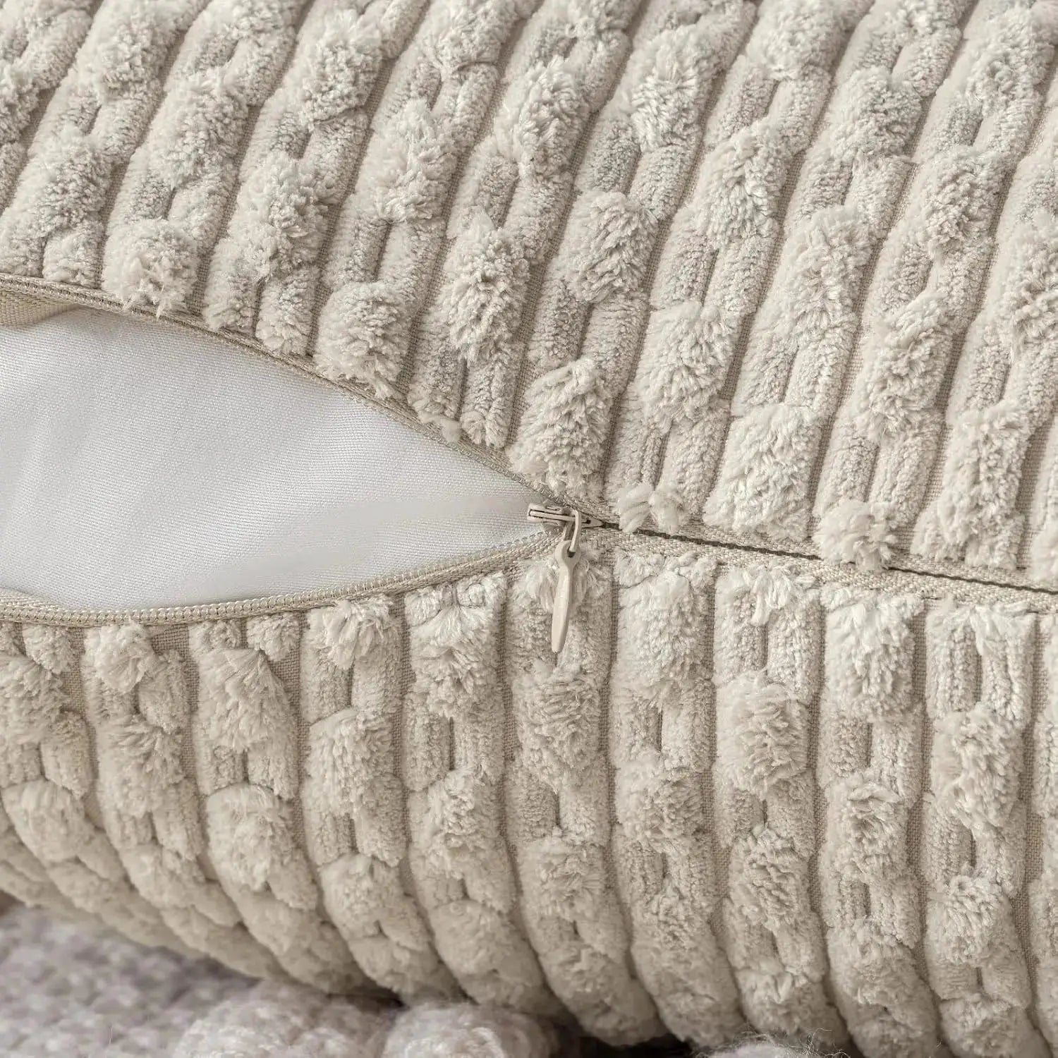 Simples Market fall decorative throw pillow cover in soft beige corduroy, boho striped farmhouse decor.