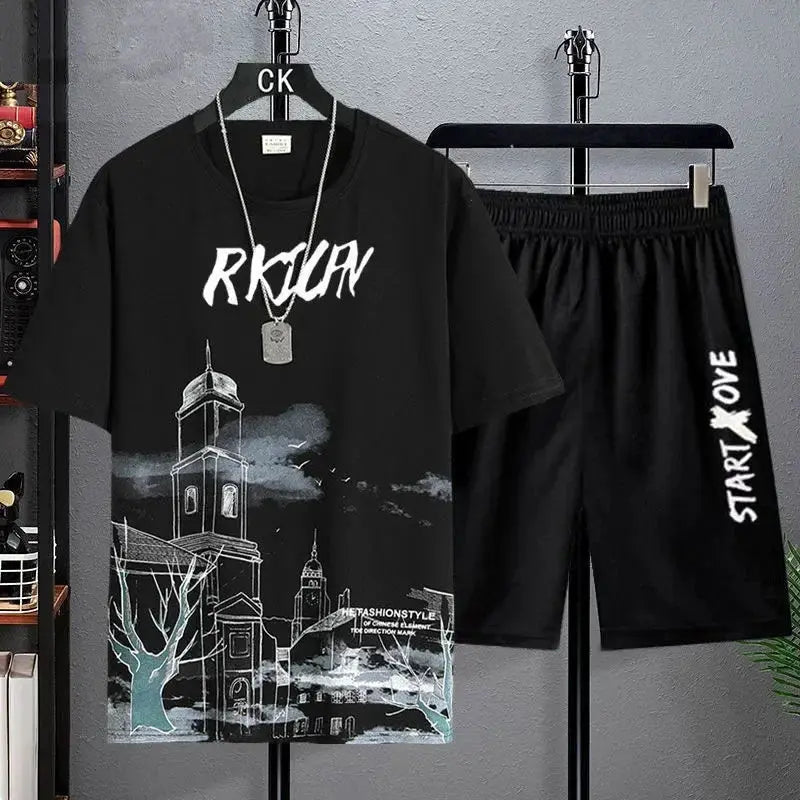 Men Summer Quick Dry Breathable 3D Printed Tee And Shorts Sports Set For Gym And Casual Wear