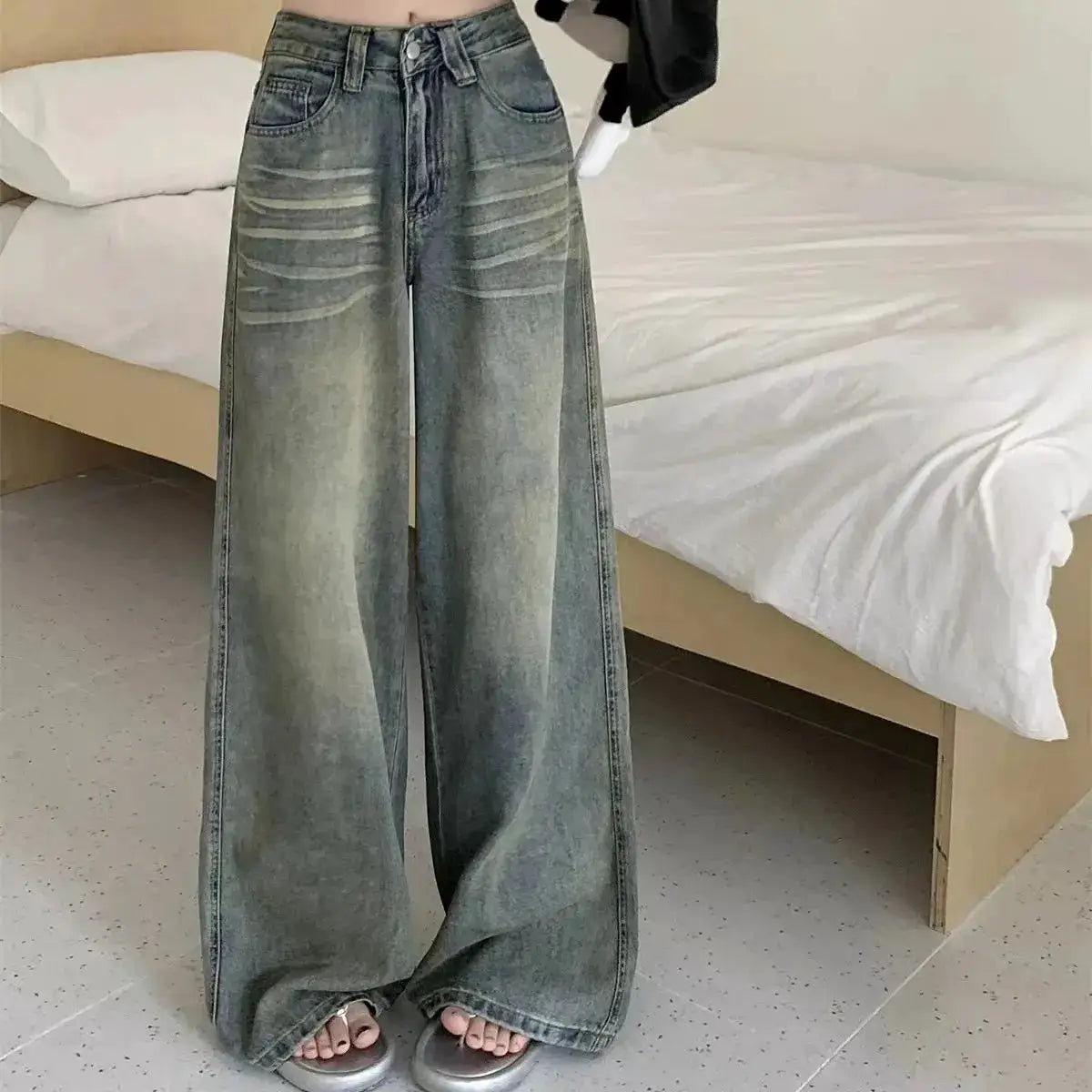 Y2K Loose Straight Leg Jeans Women Baggy Wide Fit High Waist Retro