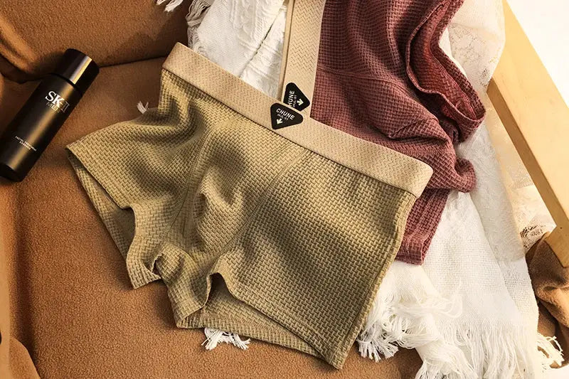 Men's tan ice-silk boxer shorts with textured fabric, breathable plus-size underwear