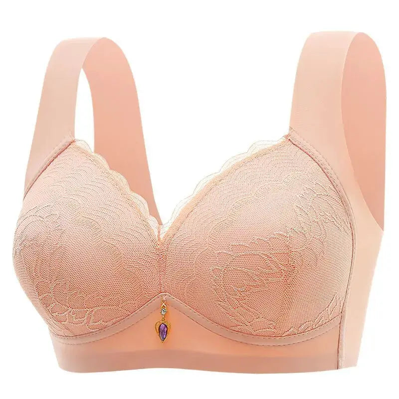Simples Market peach lace wireless bra with wide straps, floral cups and center pendant charm