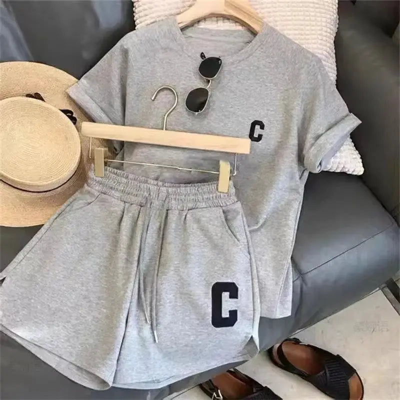 Women 2 Piece Summer Pajama Set Loose Short Sleeve T Shirt And Casual Shorts Sports Print Letter Design Large Size