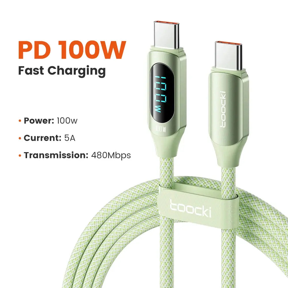 Toocki USB-C to USB-C cable, 100W PD fast charging, green braided design with display on connector