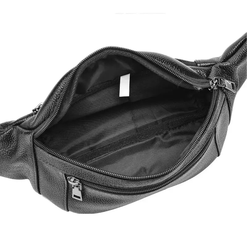 Men's genuine black leather chest bag with crossbody strap and multiple zip pockets