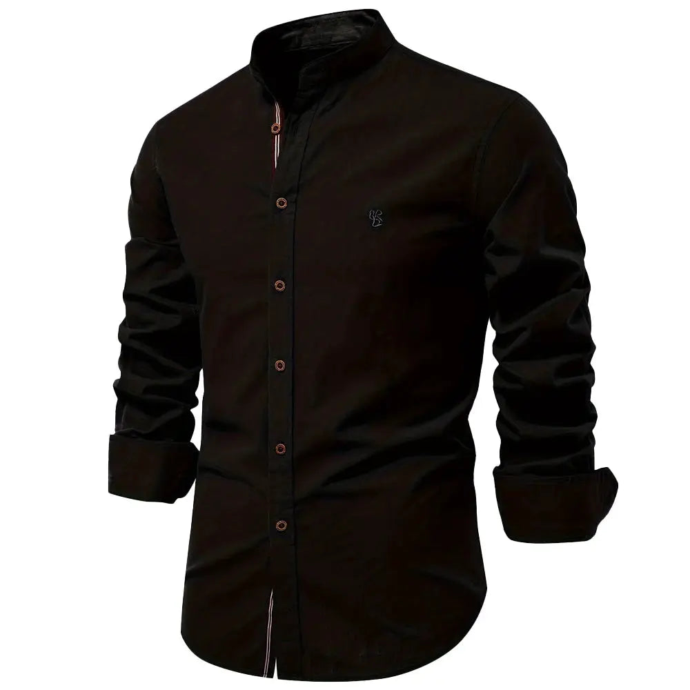 Men's black 100% cotton long-sleeve shirt with brown buttons and chest logo embroidery