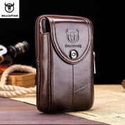 BullCaptain men's brown leather belt waist bag, compact fanny pack with logo and front flap