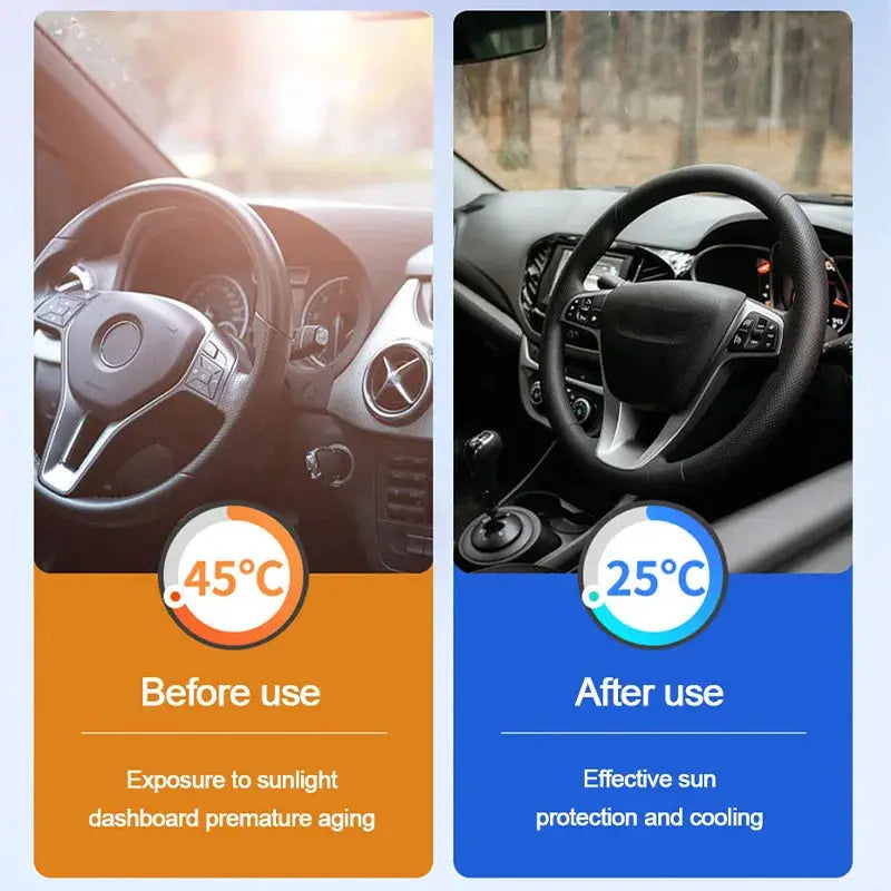 SEAMETAL Car Windshield Sun Shade Covers by Simples Market; front window sun protection with before/after use panels