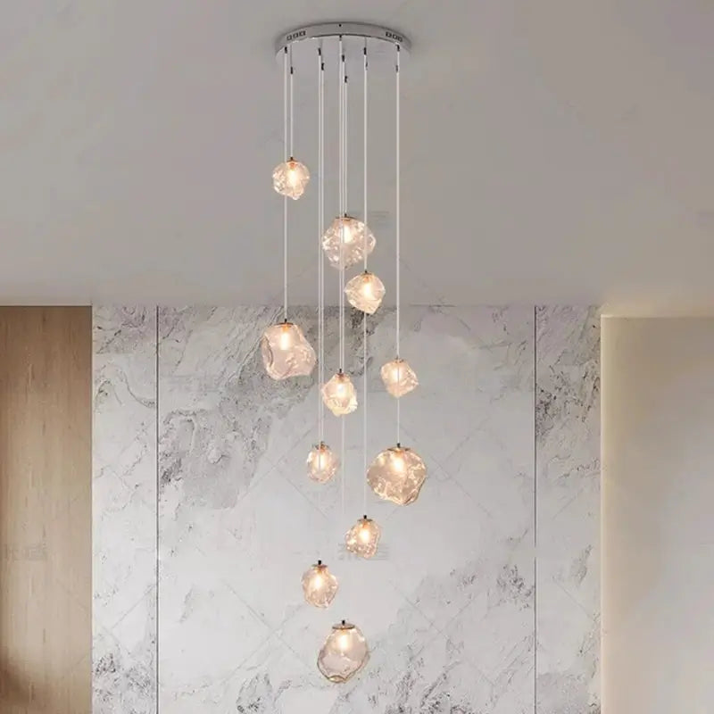 Simples Market modern pendant light fixture with multiple hanging crystal glass orbs, warm LEDs