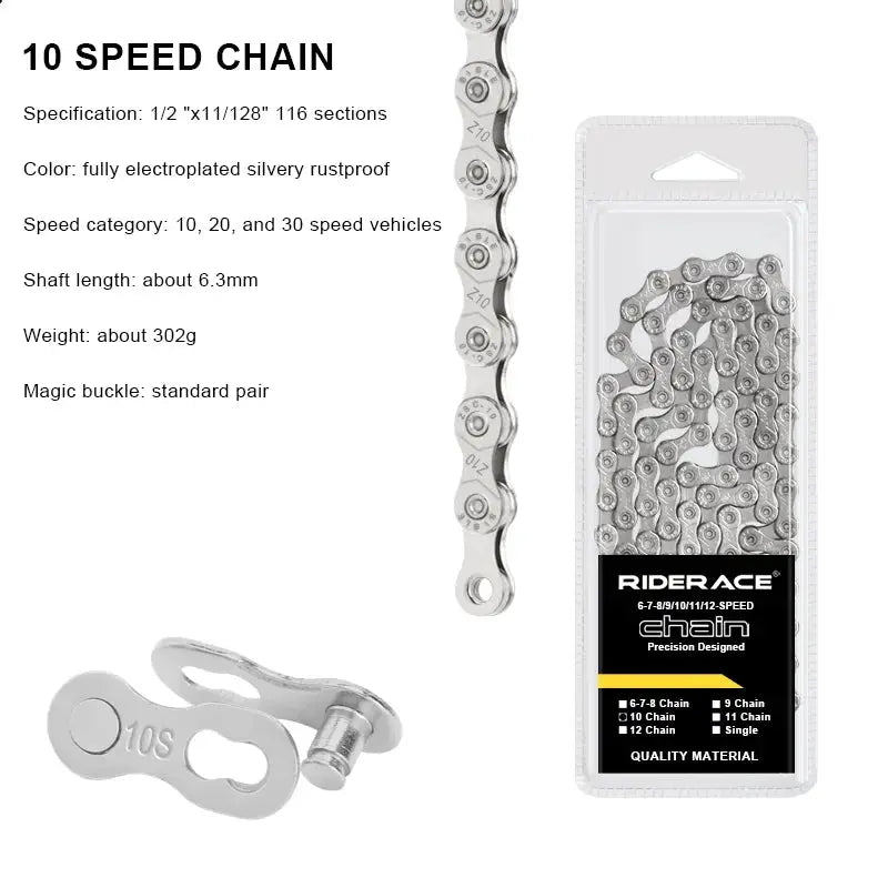 RIDERACE Ultralight Bicycle Chain 116 Links 8 to 12 Speed Silver for Mountain and Road Bikes 24 27 30 Speed Drivetrains
