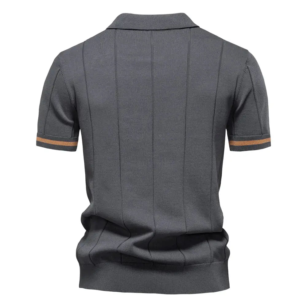 Grey men's polo shirt with polo collar, short sleeves and orange stripe cuffs, back view