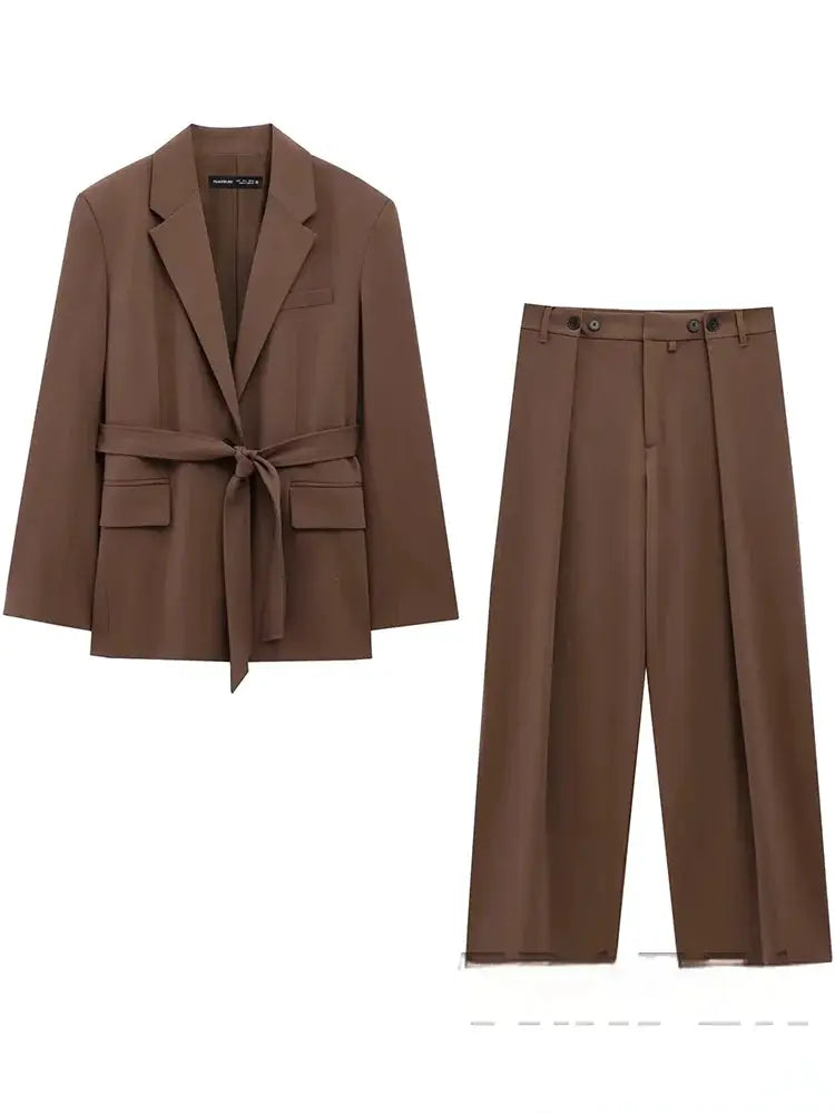 KONDALA brown blazer and matching pants suit set with waist belt, solid color and tailored fit