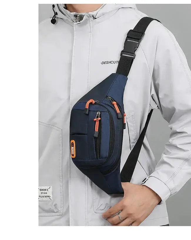 Simples Market Oxford waterproof waist bag for men and women, navy blue with orange zippers and an adjustable crossbody strap.