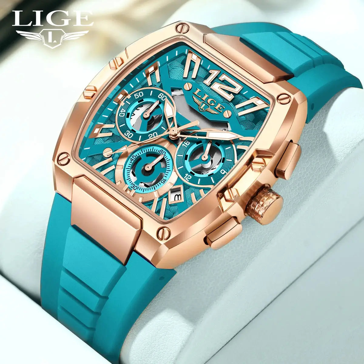 LIGE men's chronograph watch with turquoise silicone strap and rose-gold square case.