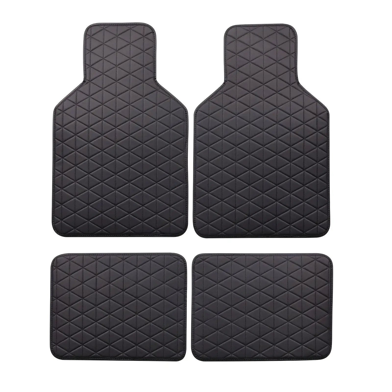 4-piece PU leather car floor mats in black with diamond quilting; waterproof, all-weather protection, easy to clean.