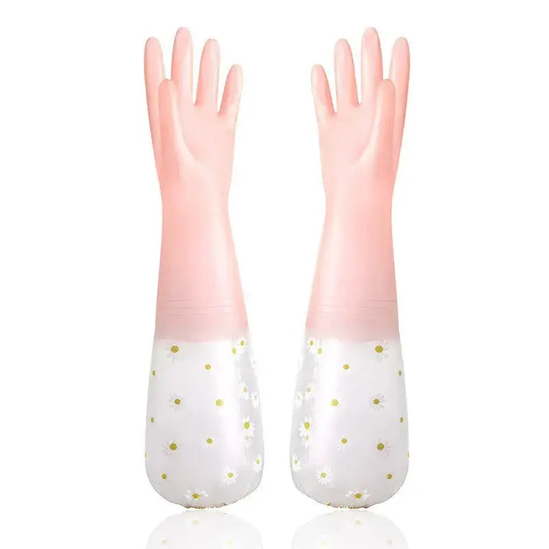 Cleaning gloves by Simples Market, pink floral-pattern latex, long waterproof, white daisy cuffs (pair)