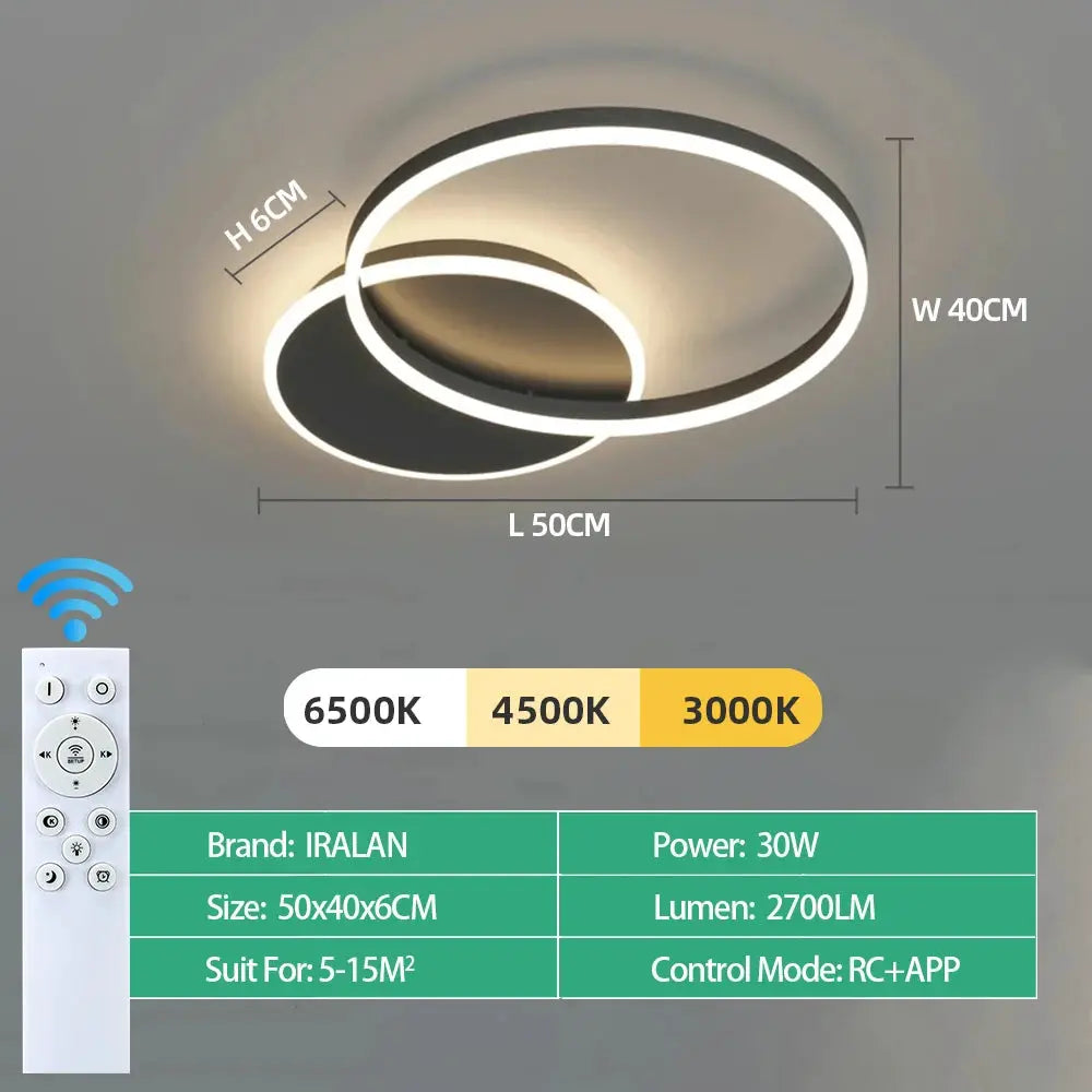 Modern LED ceiling chandelier with white interlocking rings, Simples Market, dimmable with remote and app control