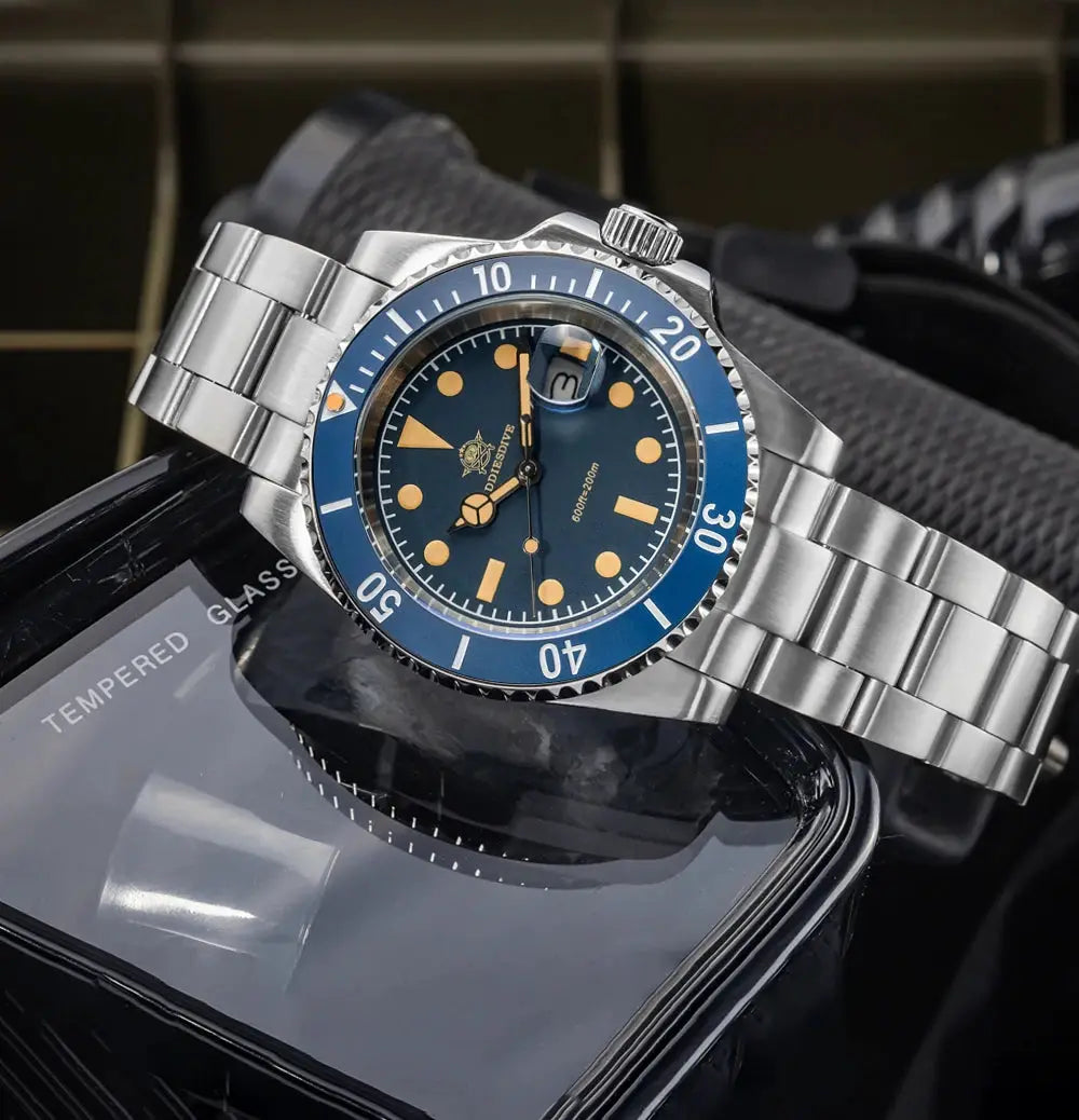 ADDIESDIVE 41mm stainless steel men's diver watch with blue bezel, blue dial, luminous markers, and date magnifier