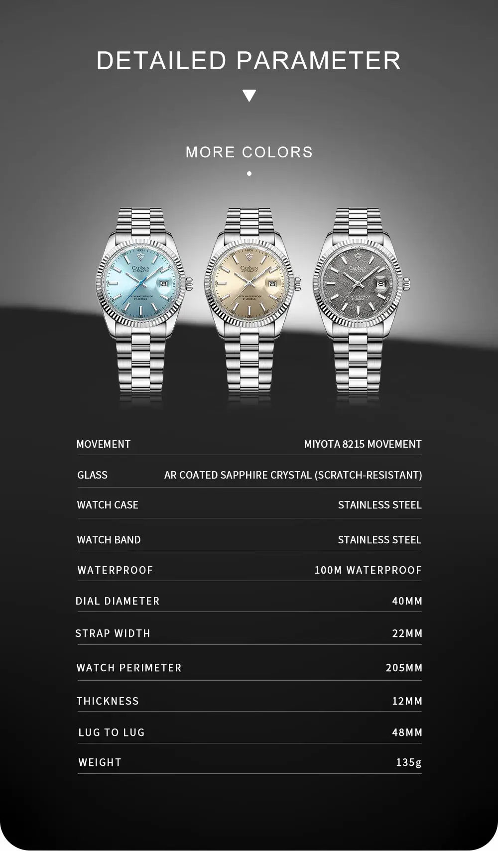 CADISEN men's mechanical automatic watches, set of 3 with stainless steel bracelets in blue, gold, and gray dials