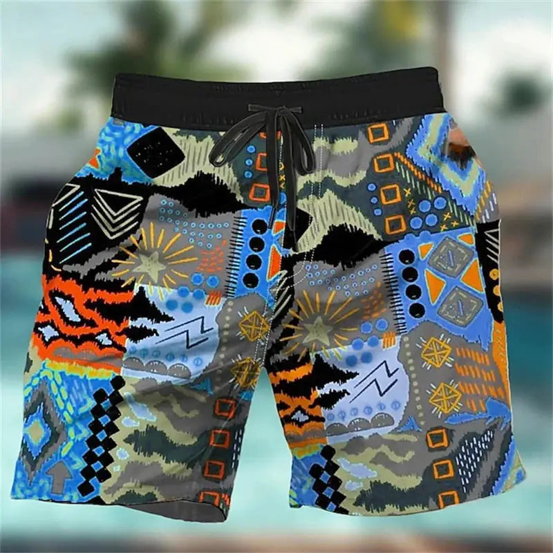 Men's shorts by Simples Market, 3D graffiti print multicolor patchwork design with drawstring waistband