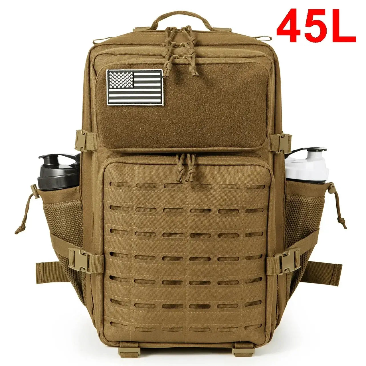 Tan tactical backpack 45L with MOLLE front panel and side mesh water bottle pockets, Simples Market