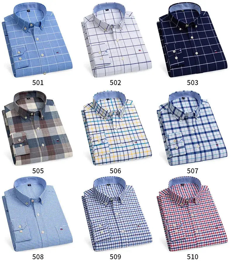 Men's 100% cotton Oxford shirts by Simples Market, long-sleeve plaid/check patterns, 10 colorways