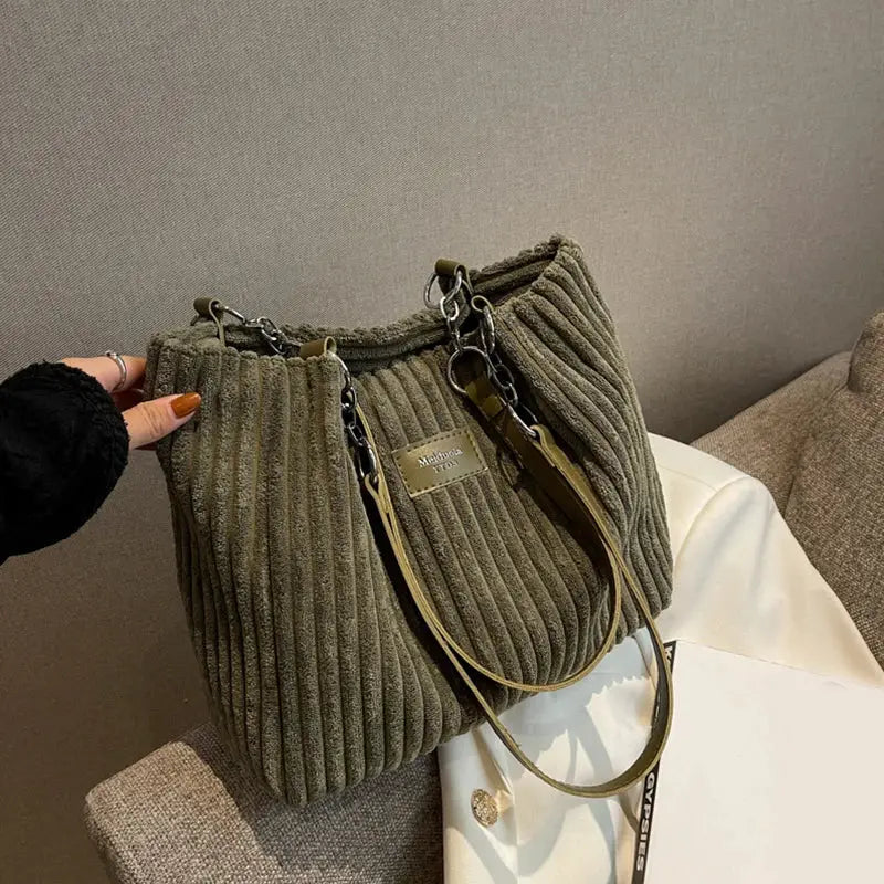 Women corduroy shoulder bag, olive green, large-capacity with fixed shoulder strap by Simples Market