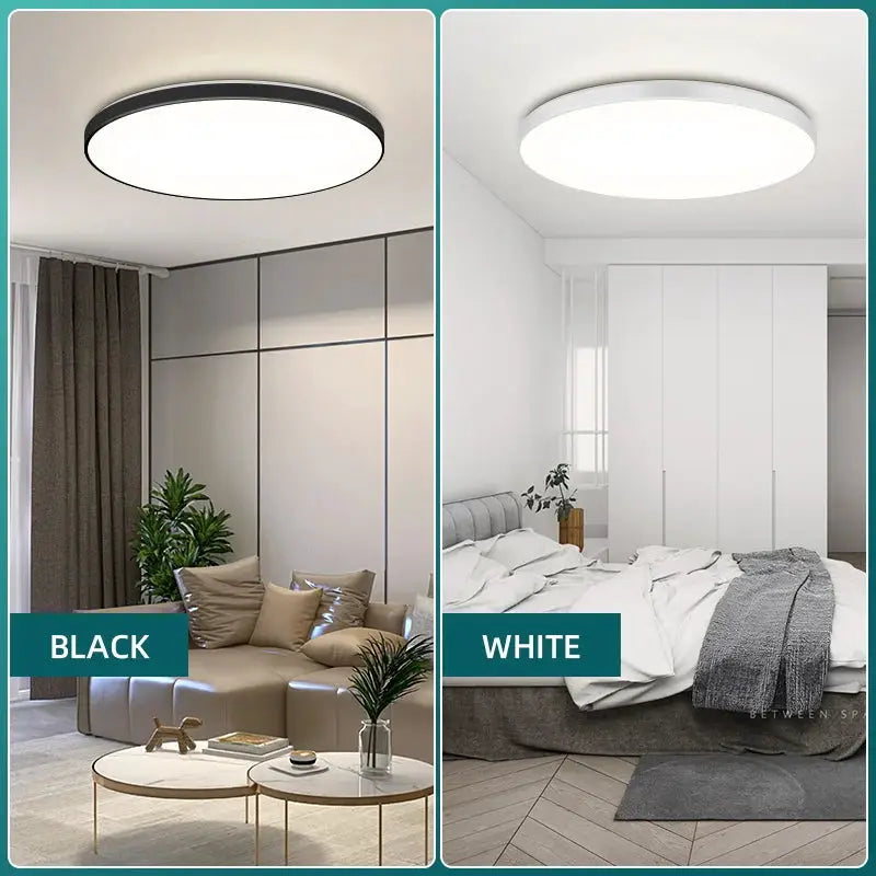 Simples Market LED ceiling lamp, ultra-thin panel light in black or white finishes for bedroom or living room.