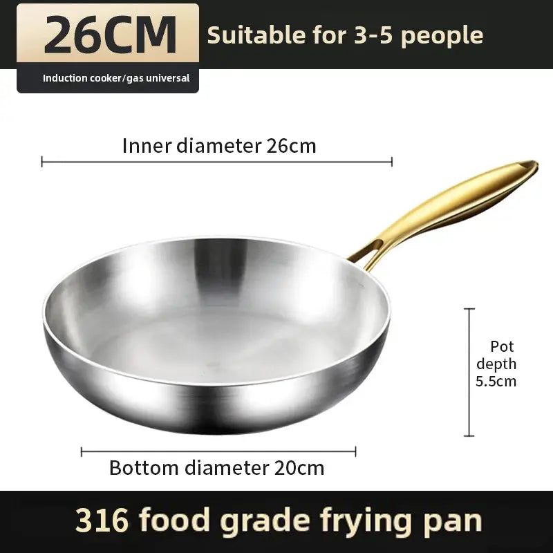 KEMORELA 316 Stainless Steel Frying Pan With Golden Handle Nonstick Wok Pan For Gas Stove Universal Cooking Pot