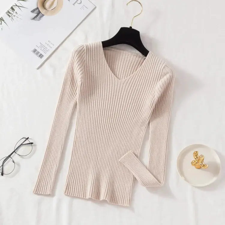 Autumn Winter Womens Knit V Neck Pullover Sweater Casual Long Sleeve Solid Jersey Tops