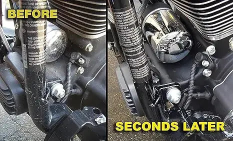 Hydroshine Engine Bay Cleaner by Simples Market; before and after engine bay cleaning comparison.