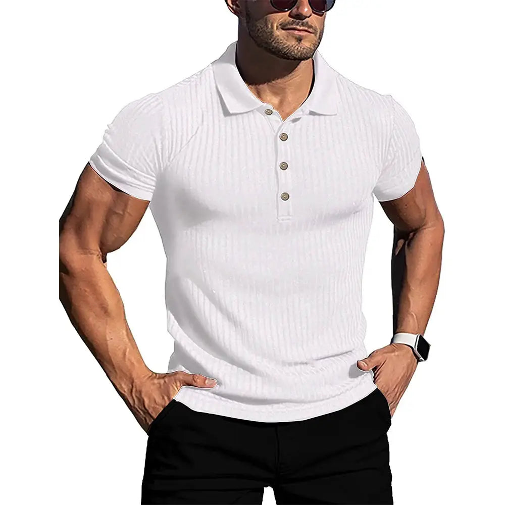 Men's white polo shirt with subtle stripes, short sleeves, stand collar, elastic fit