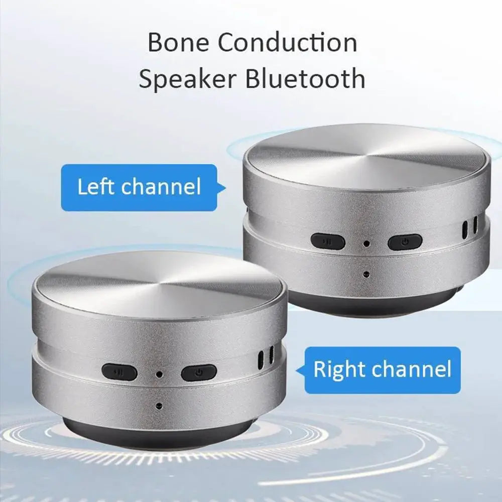 Two silver bone-conduction Bluetooth speakers with left and right channel labels
