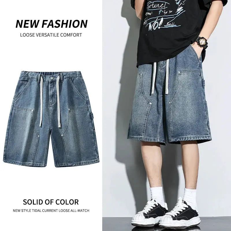 Men's denim cargo shorts with white drawstrings, blue wash, loose streetwear fit