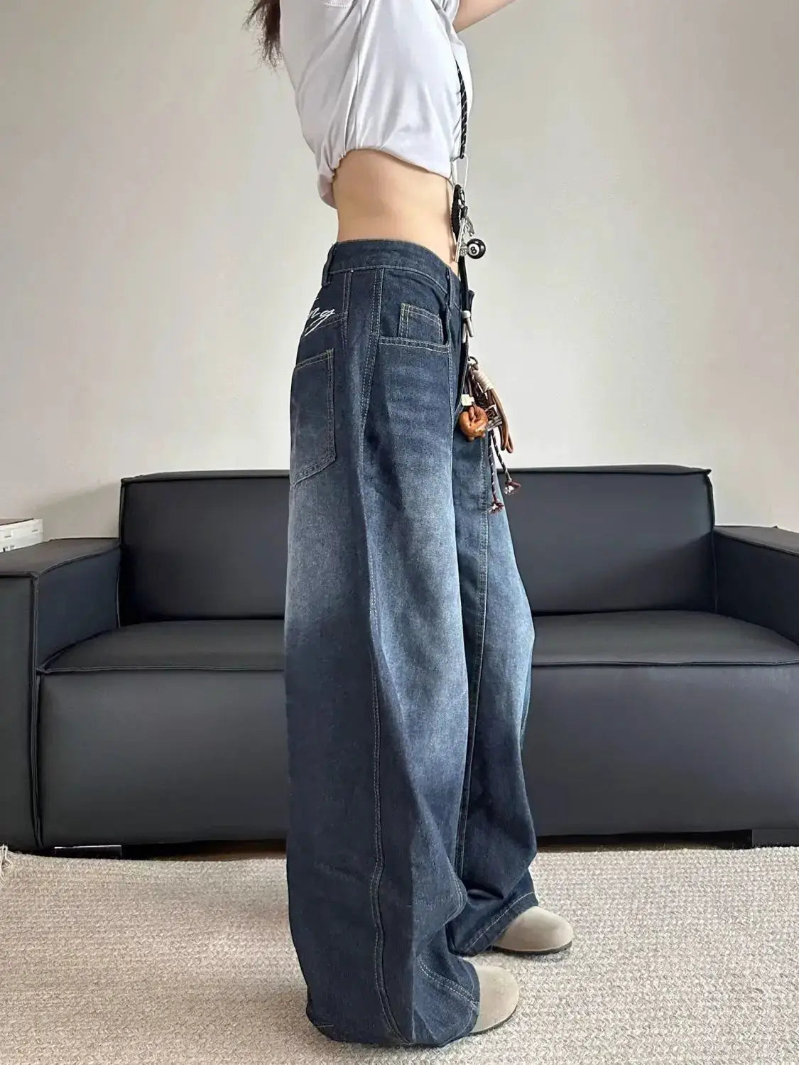 Embroidered Patchwork Denim Jeans for Women Washed Straight Loose Fit