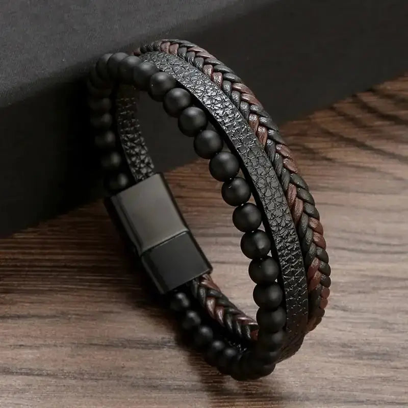 Classic Mens Leather Bracelet Hand Woven Multi Layer Style Fashion Jewelry For Men Durable Casual Accessory
