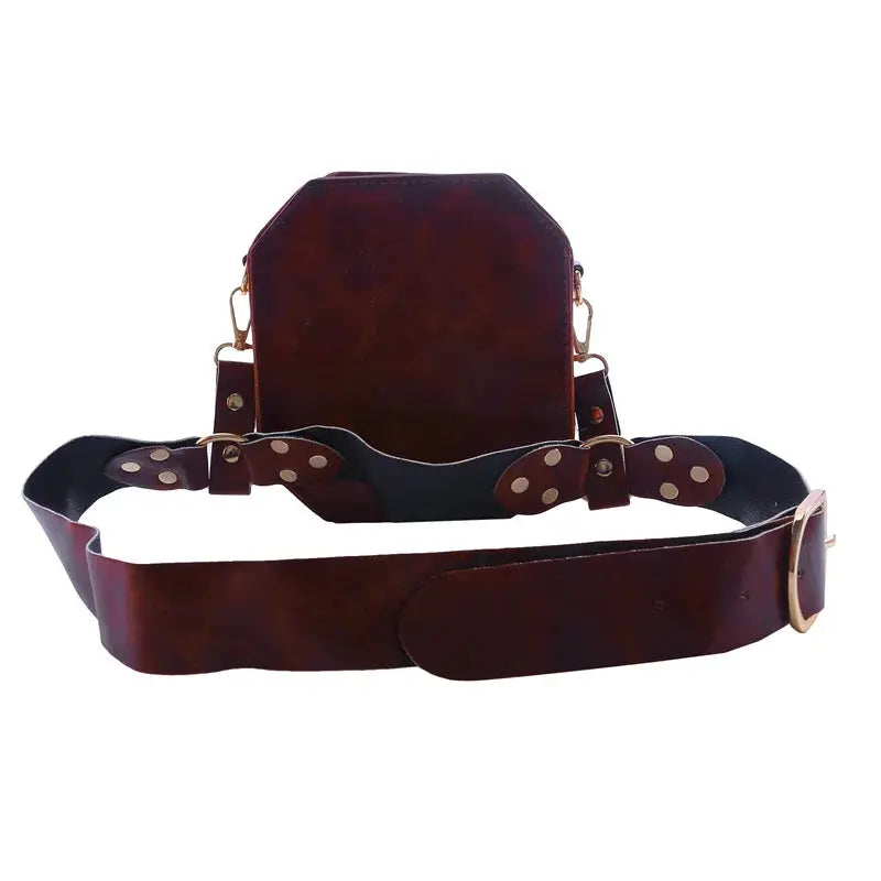 Simples Market punk retro PU waist bag, brown square hip pack with wide belt strap and metal studs