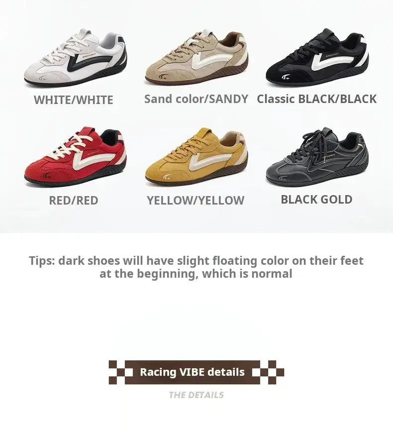 Maden unisex vintage patchwork racing shoes in six colors by Simples Market; breathable lace-up trainers with thin soles
