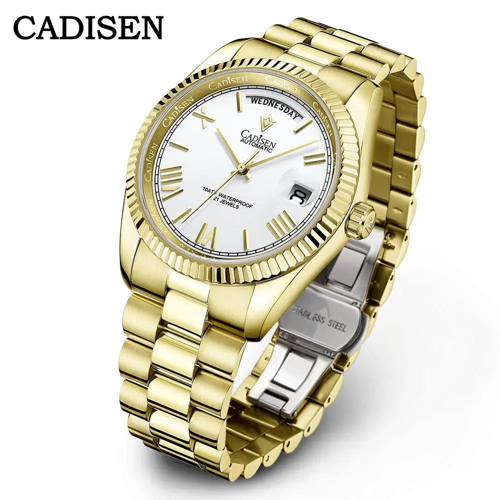 CADISEN men's gold-tone stainless steel automatic watch with white dial and day-date display