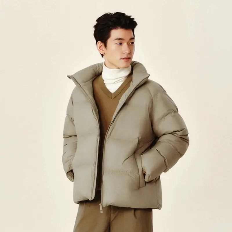 Semir Down Jacket; light beige quilted puffer, short-length style for men