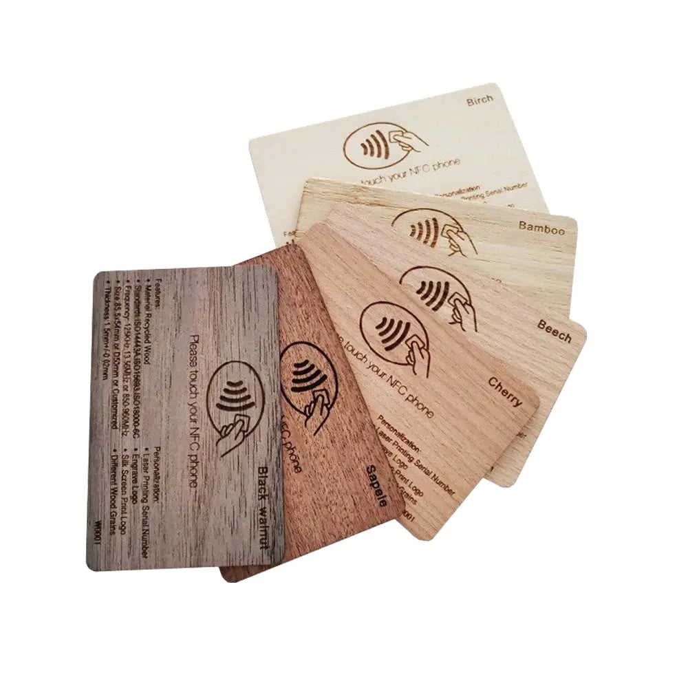Wooden NFC cards set; 6 pieces in assorted finishes (birch, bamboo, beech, cherry, black walnut, sapele)