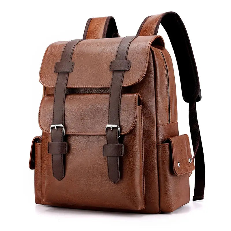 Brown PU leather backpack for men with front buckle straps, side pockets, and large laptop compartment