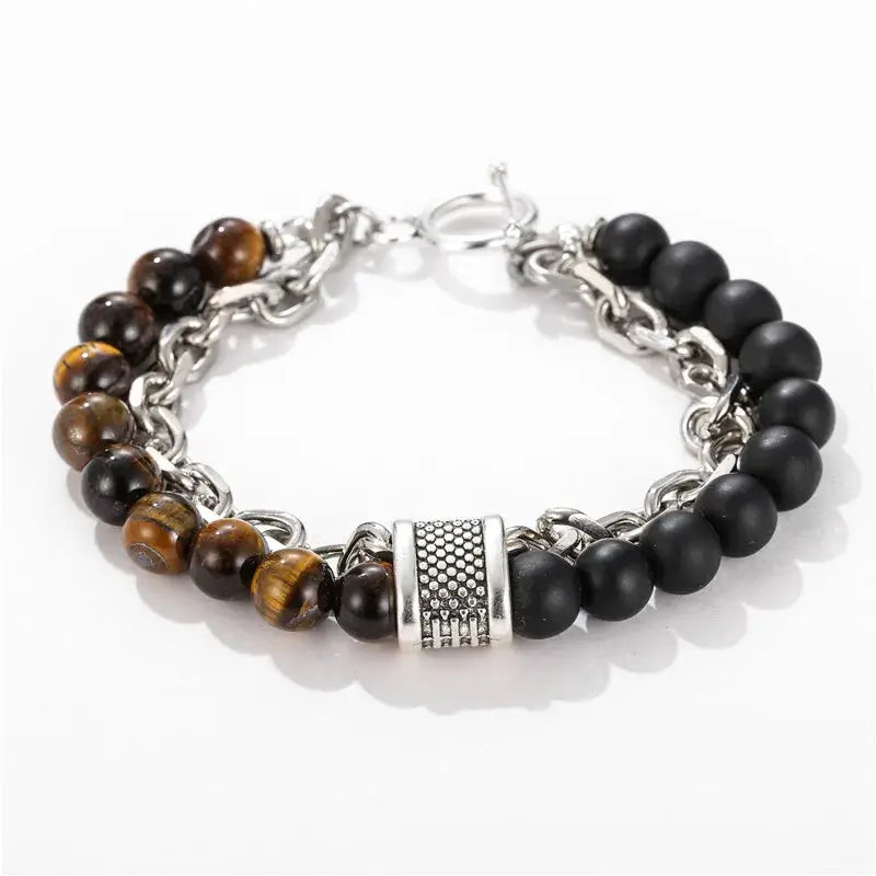 Fashion Punk Frosted Stone Chain Geometric Double Layer Beaded Bracelet Stainless Steel All Match Trend Accessory