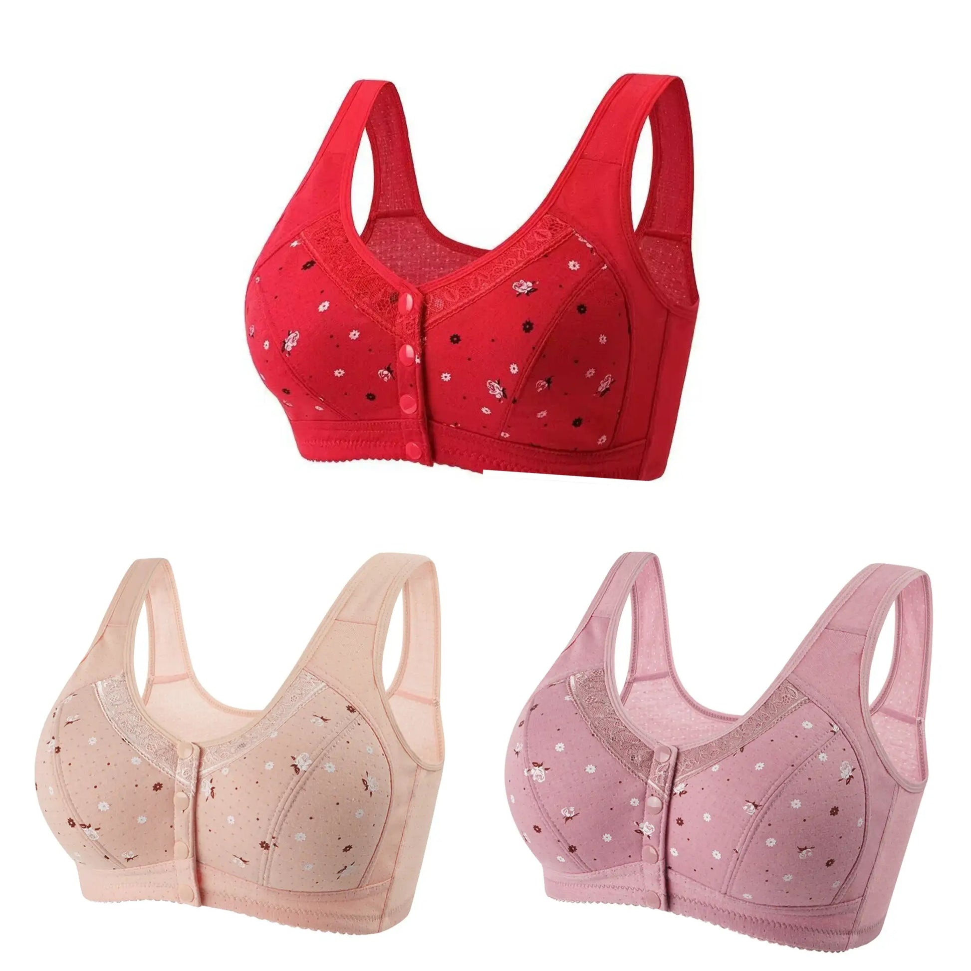 FallSweet 3-pack front-closure bras for women; seamless wireless lace bralettes in floral print, assorted colors.
