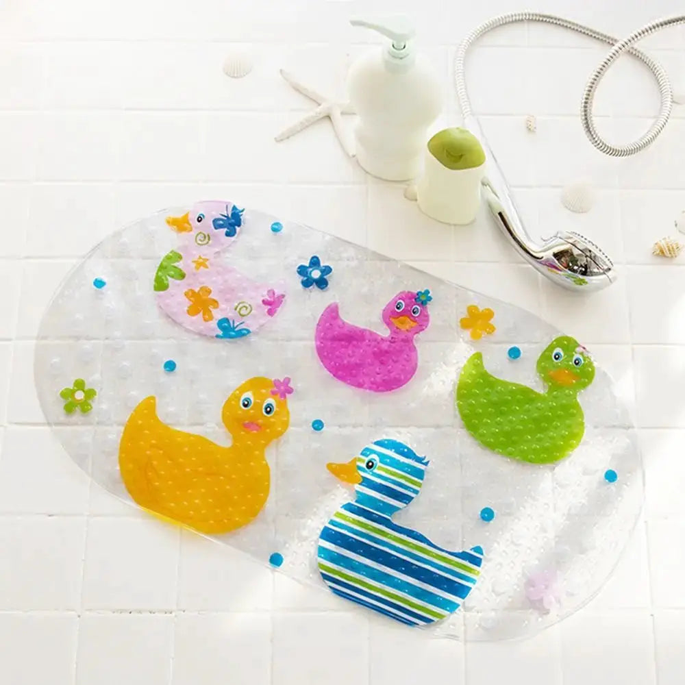 Soft PVC kids bath mat with colorful duck cartoons and anti-slip suction cups