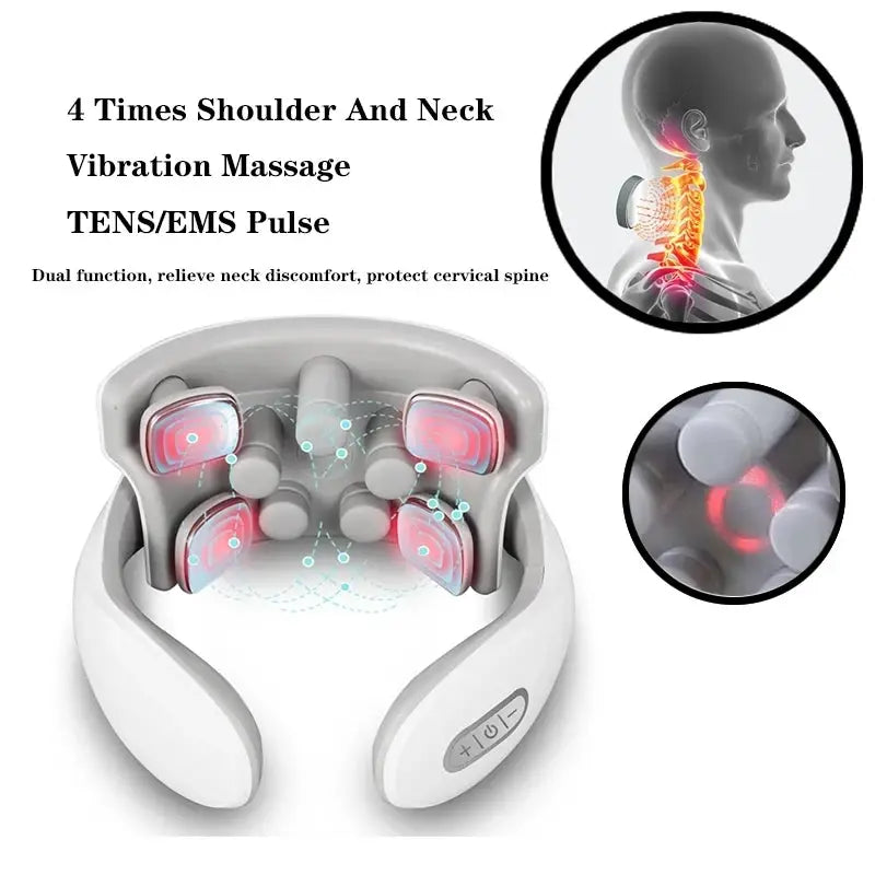 Neck massager by Simples Market, white rechargeable device with multiple vibration nodes and red LED light