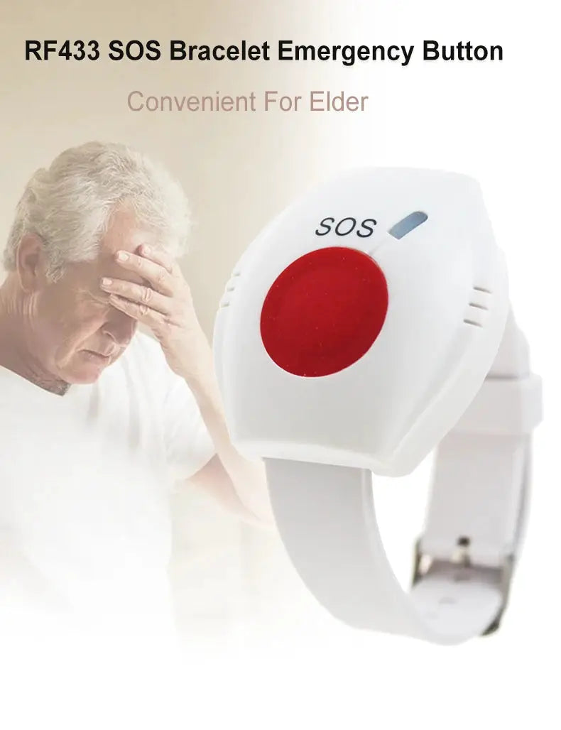 Simples Market RF433 SOS bracelet emergency button wristband, white with a red SOS button