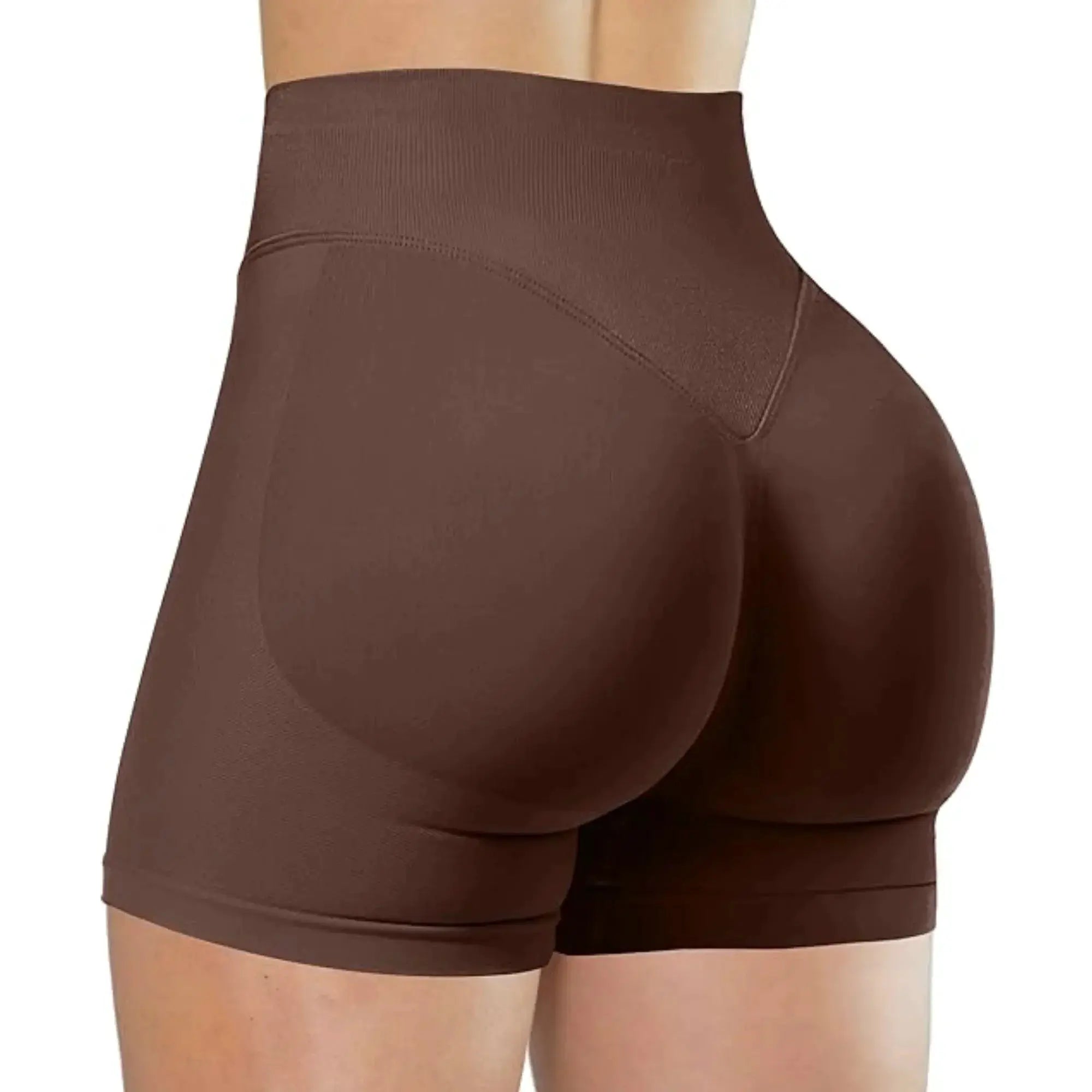 Brown seamless high-waist women's gym shorts with curved seam design for shaping and stretch fabric