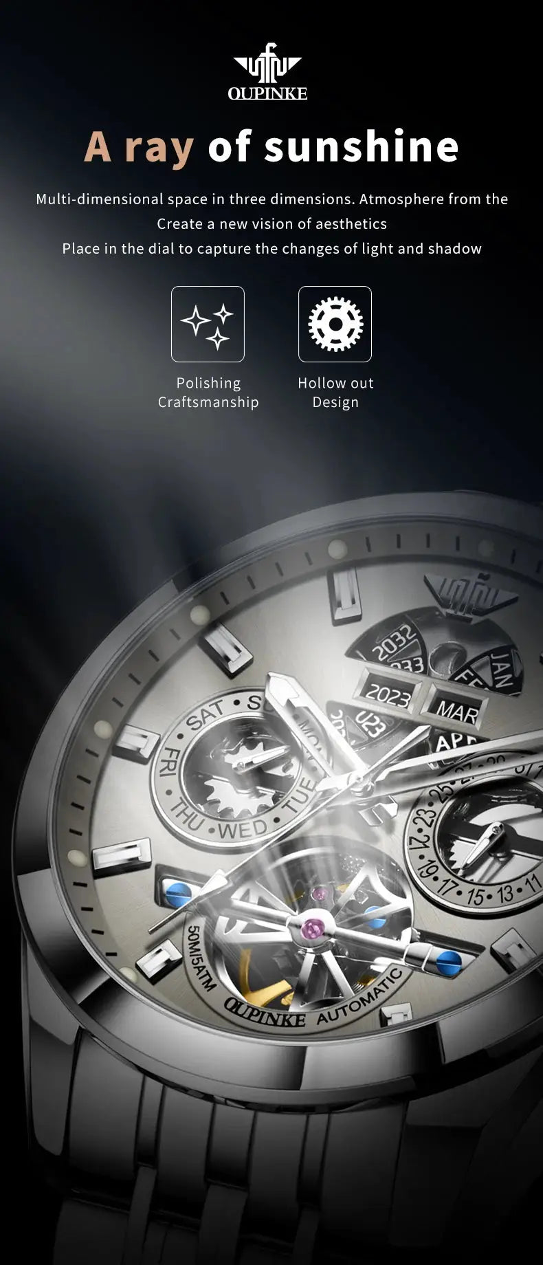 OUPINKE 3251 men's skeleton automatic watch with exposed movement and stainless steel strap