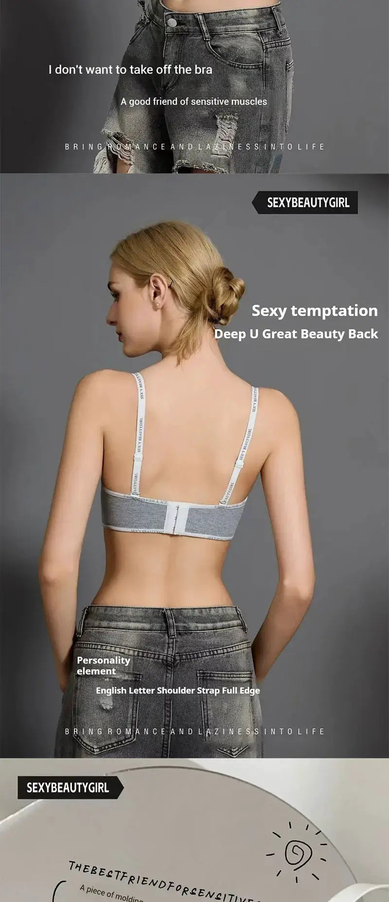 FINETOO seamless push-up bra for women in grey from Simples Market with back closure and adjustable straps